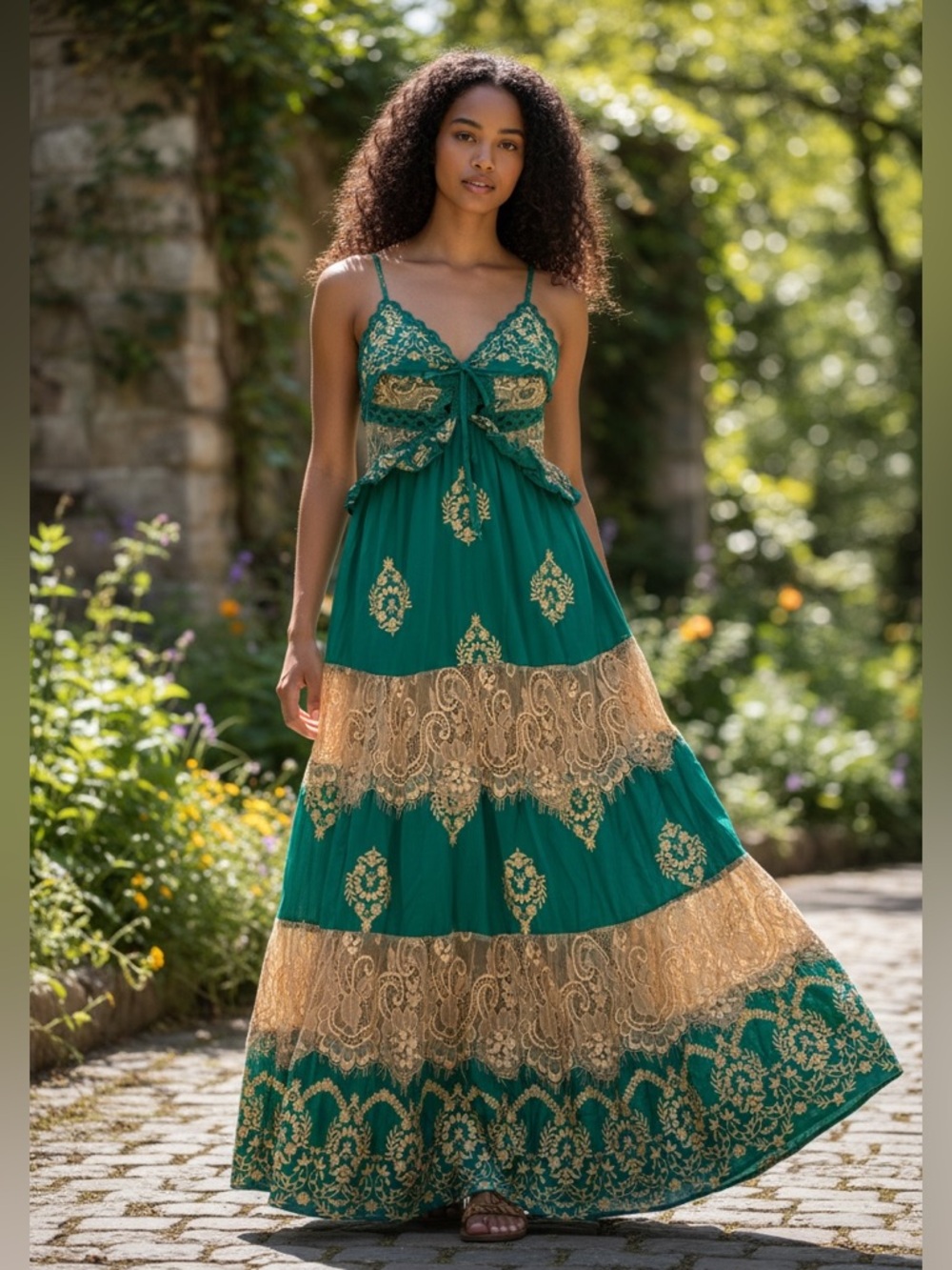TUART OFFICIAL Turquoise Tiered Embroidered Lace Maxi Dress Bollywood